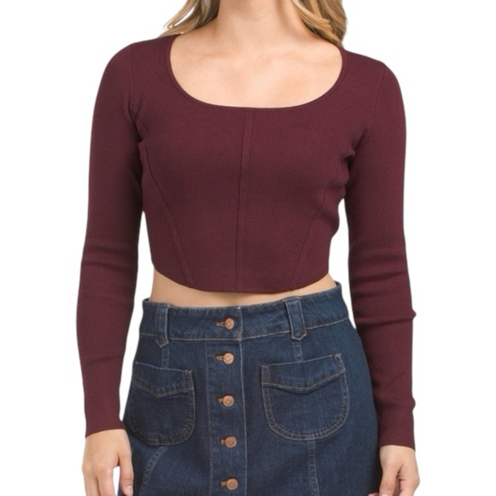 House of Harlow 1960 Burgundy Long Sleeve Bodice Corset Sweater Crop — Size XS